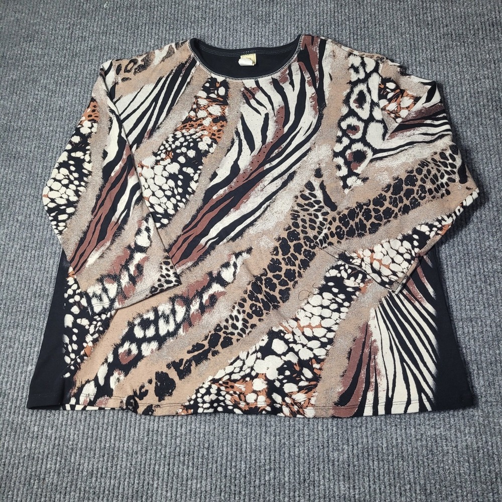 Jess & Jane Cotton  3/4 Sleeve Animal Print‎ Embellished Top Size 3X Rhinestone